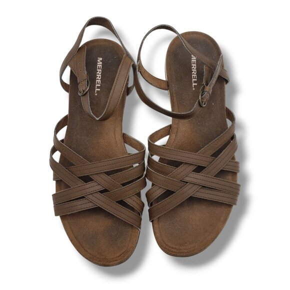 Merrell Earth Sandals Womens 11 Leather Criss Cross Buckle Brown‎ - Picture 1 of 9